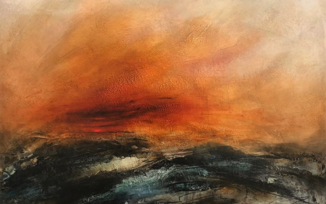 Contemporary landscape painting by Paul Denham called The Western Sun, Oil and pencil on cotton board, Float mounted in a 83cm x 83cm white frame